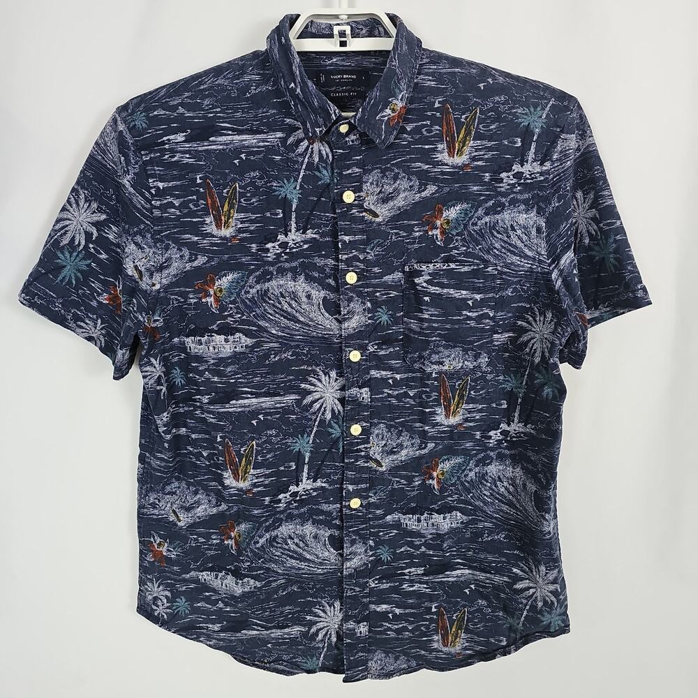 Lucky Brand Men's San Gabriel Print Short Sleeve Linen Blend Button Up Shirt L
